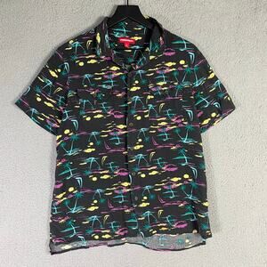 Unionbay Tropical Print Short Sleeve Button Shirt Black Rayon Men's Medium‎
